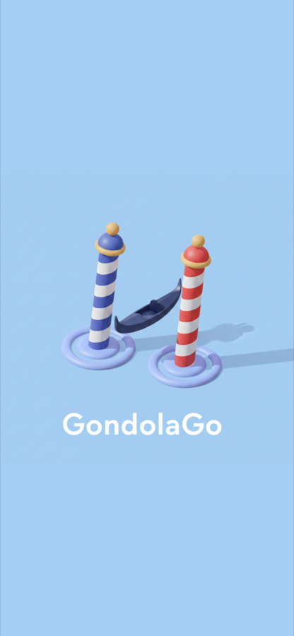 GondolaGo app splash screen: two striped Venetian mooring poles and a navy gondola on a sky-blue lagoon