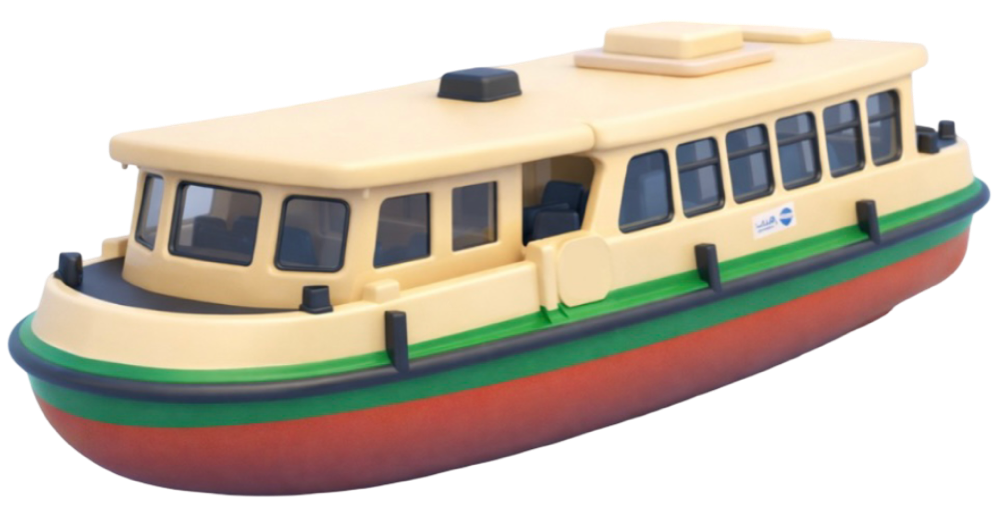 3D render of a cream and green ACTV vaporetto water bus